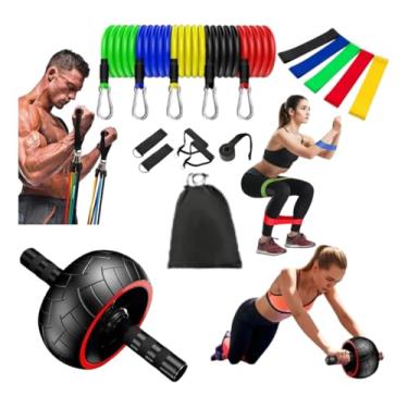 Imagem de Kit Equipamento Academia Elastico e Roda Abdominal Pra Perder Peso Em Casa Academia