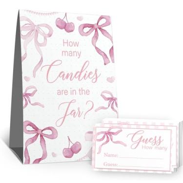 Imagem de Placa Guess How Many Candies (1 placa de pé - 50 cartões de adivinhação) Kit de cartões de atividades com tema de arco rosa para chás de bebê, festas de recém-nascidos, chá de panela, noivado, chá de