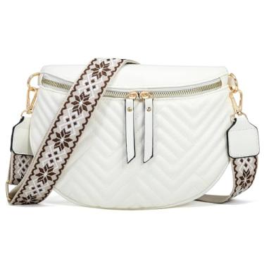 Imagem de Bolsa tiracolo feminina de couro vegano, pochete com cinto ajustável, bolsa de ombro estilo boho para viagens, uso diário, Branco, Medium, Boho