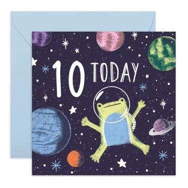 Imagem de CENTRAL 23 Cartão de aniversário de 10 anos para meninos - "Frog Space Birthday 25.4 cm - Presentes para filho, crianças, sobrinho, neto - astronauta e planetas - Vem com adesivos divertidos