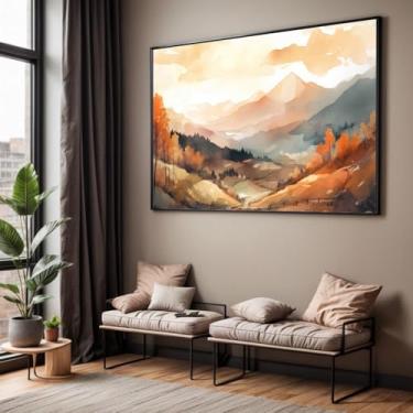 Imagem de Quadro com Moldura Sala Quarto Paisagem Montanhas Marrom e Bege Desenho Decorativo Horizontal Grande Hall