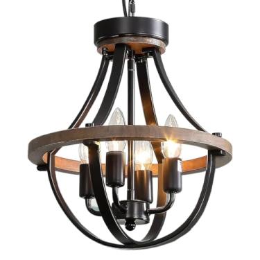 Imagem de Threebro Lustres, lustre de teto para casa de fazenda, madeira, preto, moderno, rústico, pendurado, luminária, com corrente para sala de jantar, sala de estar, entrada, cozinha, ilha, quarto, hall de