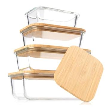 Imagem de Kit 4 Potes Marmita de Vidro Retangular com Tampa Hermética De Bambu