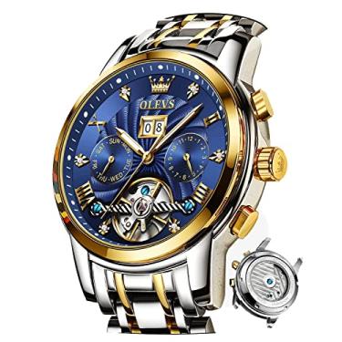 Imagem de OLEVS Relógio masculino automático mecânico com corda automática para homens vestido de negócios esqueleto luminoso à prova d'água diamante semana mês, Azul e dourado, olevs relógio masculino