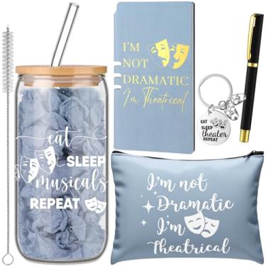Imagem de CHENGU Presente de teatro de 5 peças para mulheres e homens, presente para amantes de teatro musical, professor, Natal, aniversário, com copo de vidro de 473 ml, porta-chaves, bolsa cosmética (azul)