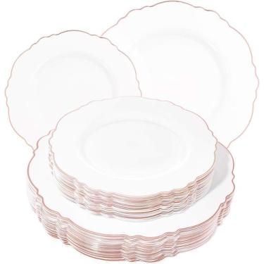 Imagem de Pratos de plástico WDF Baroque White & Rose Gold 60 unidades