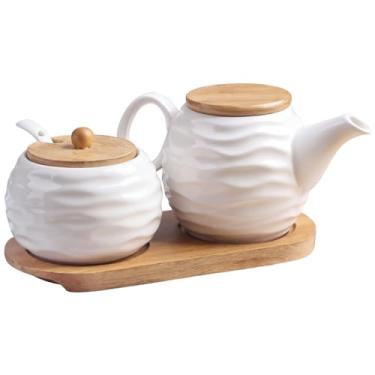 Imagem de Conjunto de açúcar e creme de cerâmica, inclui jarra de creme de 335 g e tigela de açúcar de 209 g, conjunto de servir café bar com bandeja de madeira e tampa, conjunto de recipiente de especiarias de