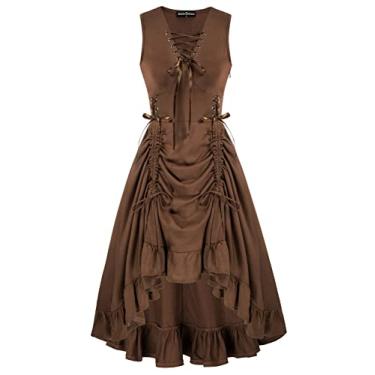 Imagem de SCARLET DARKNESS Vestido gótico feminino com cadarço e bainha irregular sem mangas Steampunk vestido gótico marrom GG