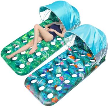 Imagem de FindUWill Boias de piscina para adultos com dossel – pacote com 2 espreguiçadeiras grandes para piscina com apoio de cabeça, sombra, boia flutuante de piscina para banhos de sol para férias