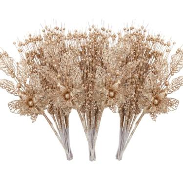 Imagem de Pacote com 28 palhetas e sprays para árvore de Natal, enfeites de Natal em ouro rosa, com glitter artificial, galhos, galhos para presente de árvore de Natal, enchimento de vaso pequeno, decoração de festa de casamento