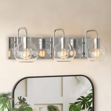 Imagem de Mepplzian Luminária de banheiro com 3 luzes, luminária de níquel escovado, luzes de parede modernas com sombra de vidro transparente, lâmpada de parede de banheiro para espelho de cozinha, quarto