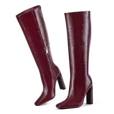 Imagem de GENSHUO Botas femininas cano alto bico quadrado salto grosso botas altas com zíper lateral confortável elástico inverno sapatos modernos, Vinho tinto, 38