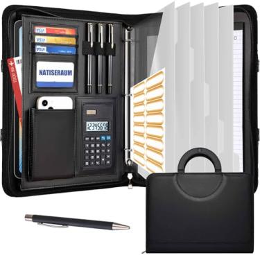 Imagem de NATISERAUM Organizador de portfólio – fichário de 3 anéis com alça, pasta de couro vegano com bloco de notas, inclui 5 protetores de folha transparentes para arquivos de documentos