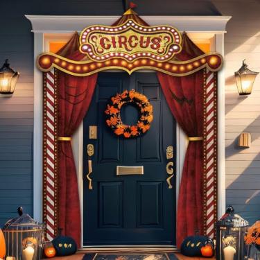 Imagem de Tiamon Decorações de Carnaval de Halloween Faixa de Toldo de Circo Decoração de Barraca de Carnaval Assustador Branco Vermelho Listrado Varanda Banner Porta de Entrada Fundo Foto Adereços para Véspera