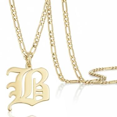 Imagem de Colar masculino com pingente de inicial banhado a ouro 14k Beleco – Colar com letra A-Z com corrente fígaro, joia com pingente de alfabeto de ouro personalizado em inglês antigo, Medium, Banhado a