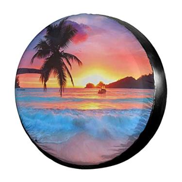 Imagem de KiuLoam Capa de pneu sobressalente tropical Ocean Sunrise de poliéster para proteção solar universal à prova d'água para Jeep Trailer, RV, SUV, caminhão e muitos veículos (43 cm para diâmetro de 78,7 cm - 83,8 cm)