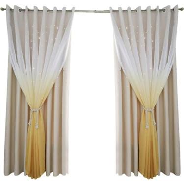 Imagem de Cortina blackout de camada dupla dégradé blackout de voile transparente, saia de economia de energia, cortina de ilhós de renda para quarto sala de estar/isolamento térmico, 1 peça, bege 150 x 220 cm