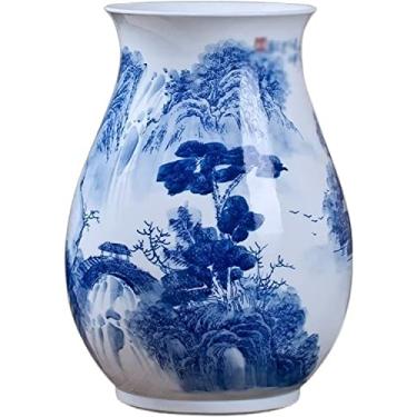 Imagem de Vaso de flores vaso de cerâmica 33,3 cm grande azul e branco vaso de flores de porcelana chinês retrô paisagem pintada à mão vasos para decoração de sala de estar quarto vaso de flores vaso de flores