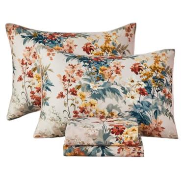 Imagem de URBONUR Conjunto de lençóis 100% algodão, tamanho casal, 4 peças, roupa de cama de cetim macio e respirável, lençol de cama floral de flores silvestres, bolso profundo macio e sedoso