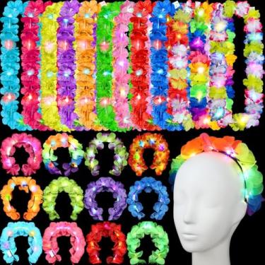 Imagem de Sherr 24 peças de faixas de cabeça havaianas com luzes de LED, faixa de cabelo Leis tropical, luau, havaiano, flor, lei, verão, carnaval, tema de festa, lembrancinhas, férias, casamento, praia
