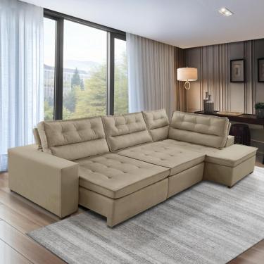 Imagem de Sofá de Canto Retrátil e Reclinável com Molas 3,40x2,00 Virginia Suede Bege Adonai Estofados