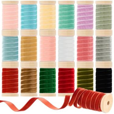 Imagem de Chuangdi 18 rolos de fita de veludo de Natal 9,5 cm x 90 m rolo de fita de veludo fino de madeira fitas de tecido para guirlanda de Natal, enfeites de artesanato, laços de embrulho de presente de