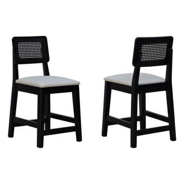 Imagem de Kit 2 Banquetas Baixa-cadeira Gabi Madeira Maciça Encosto Telinha Assento Estofado - Preto Assento Estofado Corano Bege