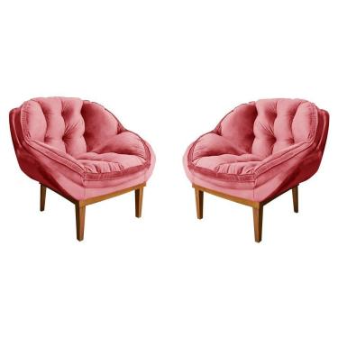 Imagem de Kit 2 Poltronas Decorativa Veludo Base Madeira Castanho Rosa
