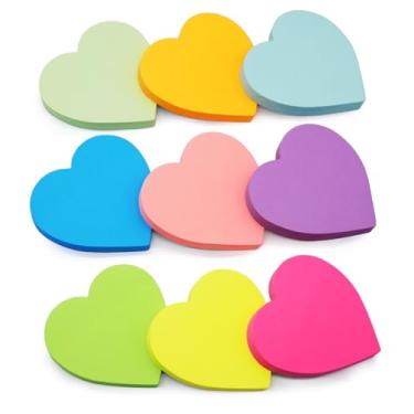 Imagem de 9 blocos de notas adesivas de coração, 7,6 x 7,6 cm, 82 folhas/bloco, notas adesivas bonitas em forma de coração de cor brilhante, pino adesivo forte, remoção limpa