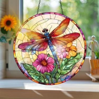 Imagem de Acrílico colorido Suncatcher, apanhador de sol estilo vitral impresso libélula com reflexos de arco-íris, decoração de janela suspensa, decoração de parede, ornamentos de Natal para uso interno e