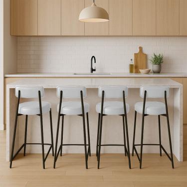 Imagem de Banqueta Cozinha Média com Encosto Industrial Preto Kit 4 Londres PU Branco D03 - D'Rossi