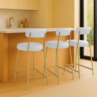 Imagem de Banqueta Cozinha Alta com Encosto Industrial Champanhe Kit 3 Londres PU Branco D03 - D'Rossi