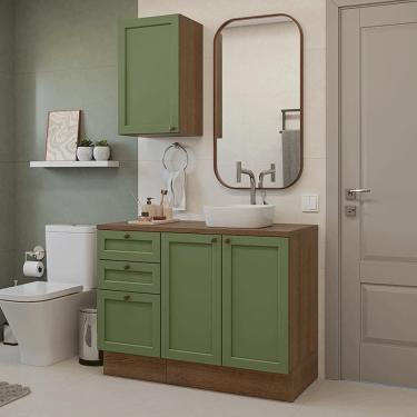 Imagem de Conjunto Gabinete Para Banheiro 110cm 3 Gavetas 3 Portas Vik Madesa 01 Rustic-verde