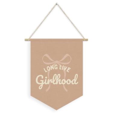 Imagem de Dilemat Faixa de flâmula de linho rosa para decoração de quarto de meninas, decoração de berçário, bandeira de pendurar na parede, decoração de quarto de meninas, arte de parede para quarto de bebê