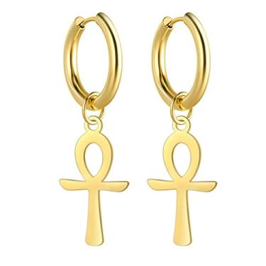 Imagem de Ankh Brincos de cruz para mulheres homens aço inoxidável símbolo egípcio antigo deuses de Ankh pingente de cruz brincos de argola amuleto joias, Aço inoxidável, Sem pedra preciosa