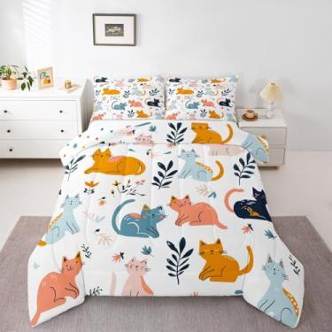 Imagem de jejeloiu Conjunto de edredom de gato fofo para todas as estações, com 1 fronha, desenho de microfibra, para crianças, solteiro, para decoração de quarto, edredom respirável, macio e leve