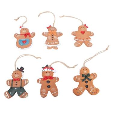 Imagem de Luqeeg Conjunto de 6 peças de enfeites de homem de gengibre, decorações para pendurar em árvore de Natal, estatuetas de pão de gengibre penduradas em resina para presentes para amigos colegas, férias