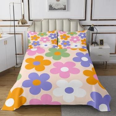 Imagem de Erosebridal Conjunto de colcha floral 60S 70S tamanho solteiro colorido hippie conjunto de colcha para crianças, meninos, meninas, retrô, groovy margarida, conjunto de colchas estéticas, estilo