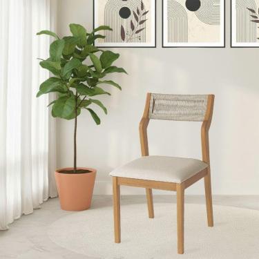 Imagem de Cadeira De Jantar Lagum Conforto Estofada Jequitibá Natural Linho Bege E Corda Náutica