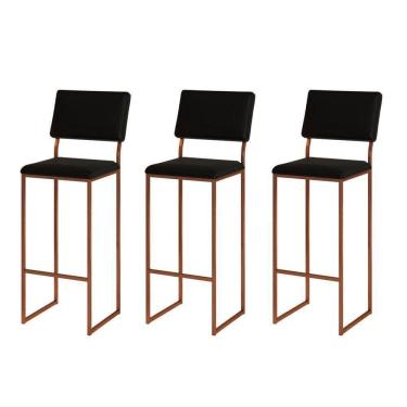 Imagem de Kit 3 Banquetas Com Encosto Industrial E Moderna Nina Cobre E Corino Preto