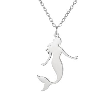 Imagem de UNIFT Colar de sereia feminino de aço inoxidável em forma de coração com silhueta de sereia, berloque, joias delicadas do oceano, presentes, Adjustable, Aço inoxidável, Sem Pedra Preciosa