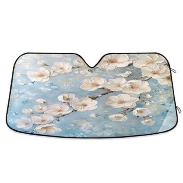 Imagem de ATTX Para-brisa de carro com flores de cerejeira branca 144.8 cm x 80.0 cm escudo solar universal com proteção UV, persiana de janela frontal automática dobrável para caminhões Sedans SUVs #384