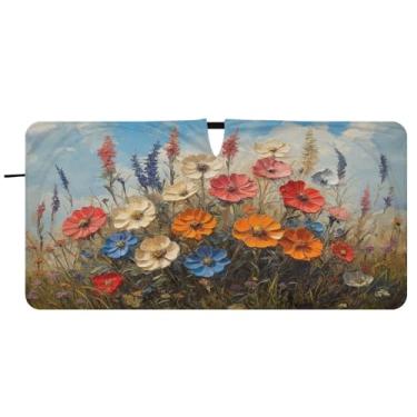 Imagem de Blueangle Pára-brisas com pintura a óleo de flores silvestres - 149.9 cm x 76.2 cm dobrável carro janela frontal blocos para-sol raios UV viseira de sol (536)