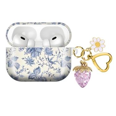 Imagem de Capa de fone de ouvido sem fio compatível com AirPod PRO 3 2025 à prova de choque e poeira com um lindo pingente de chaveiro de morango adequado para mulheres (flores roxas morango)