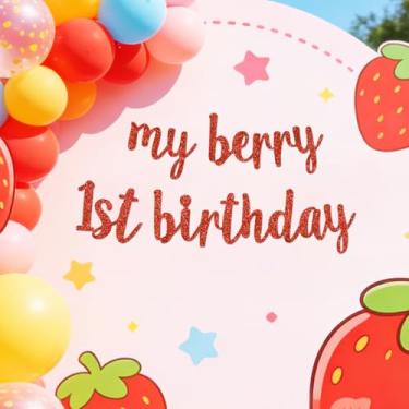 Imagem de TONIFUL Faixa de aniversário de 1º aniversário My Berry, placa de feliz aniversário para pano de fundo, faixa de feltro vermelha com glitter, inclui cola de pontos, perfeita para bebês, cenário de