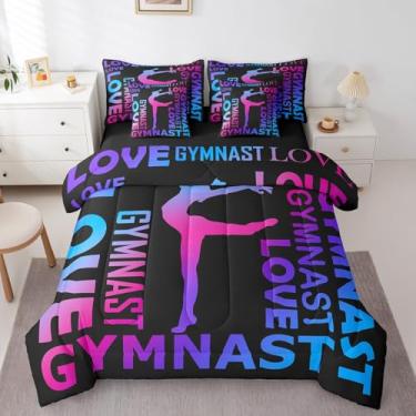 Imagem de Erosebridal Conjunto de edredom de ginástica para meninas, tamanho casal, para amantes de ginasta, para crianças, adolescentes, mulheres, preto e roxo, com silhueta de dançarina, respirável, decoração