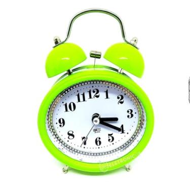 Imagem de Relógio Despertador Analógico Retrô 2 Sinos, Metal e Plástico, 13x9x4.5cm, Modelo Antigo com Luz Noturna, Pilha AA