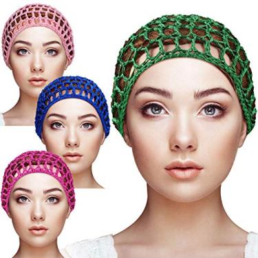Imagem de Geyoga 4 peças de malha crochê rede de cabelo raiom malha snood chapéu grosso curto feminino hairnet Snoods capa ornamento para dormir, Rosa, vermelho rosa, verde, azul royal, M