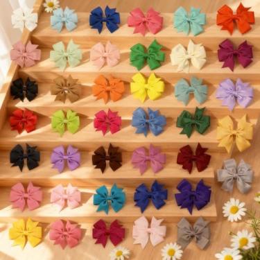 Imagem de 40 peças de grampos de cabelo com laço de fita de cetim colorido – Laço de cabelo cata-vento com fita de gorgorão, design de cauda de 6 pontos para presentes de aniversário (cores mistas)