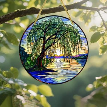 Imagem de Apanhador solar de acrílico colorido, vitral de salgueiro-chorão, pôr do sol, janela suspensa de 18 cm, decoração de arte de parede com design de vitral impresso, ideia de presente e ornamento de